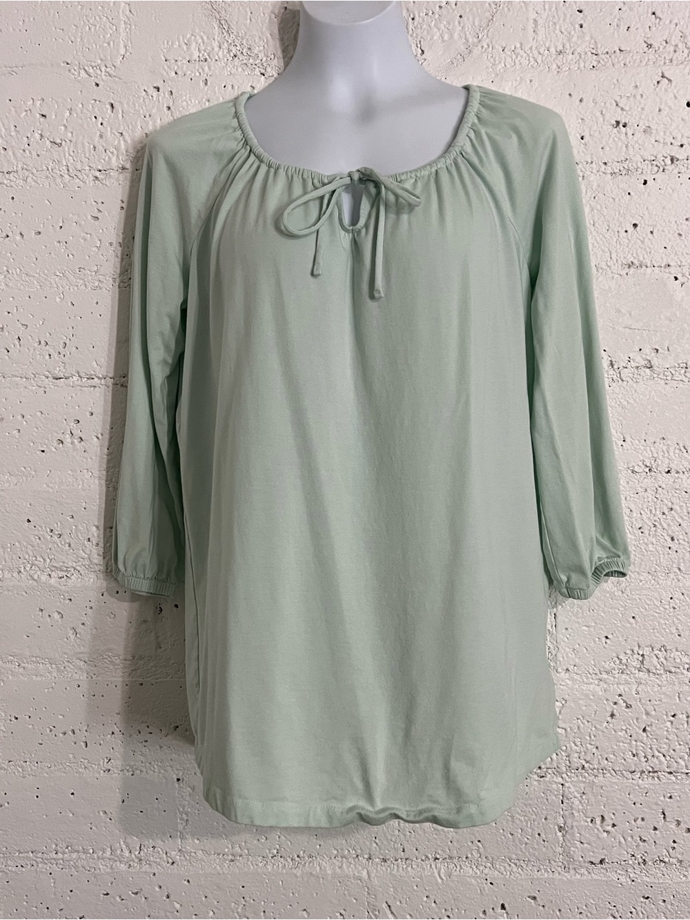 Lands End Womens Top M 10-12 M Sage Green 3/4 Sleeve Tie Neck Cotton Viscose H2